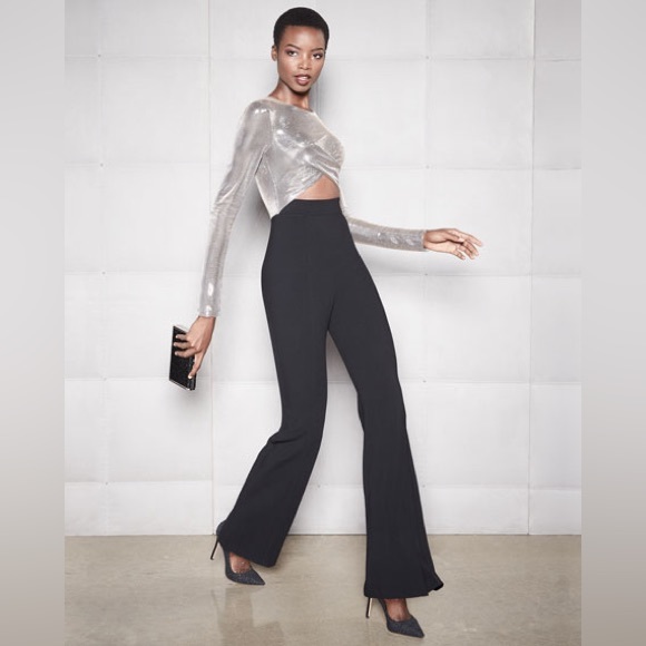 Black Halo Angie Flared Leg Jumpsuit Cutout Metallic Silver Bodice Romper 12 - Picture 4 of 17